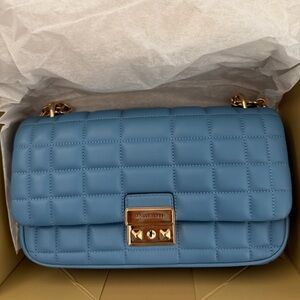 Michael Kors Quilted Blue Shoulder Bag with Gold Accents